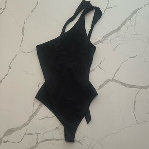 Free People Black One-Shoulder Tie-Back Bodysuit – Size S